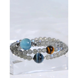 Cosmic Harmony Double-Layer Bracelet: Gray Moonstone, Aquamarine & Tiger's Eye