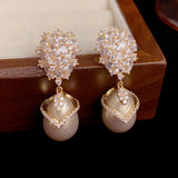 Luminous Champagne Pearl & Zircon Drop Earrings